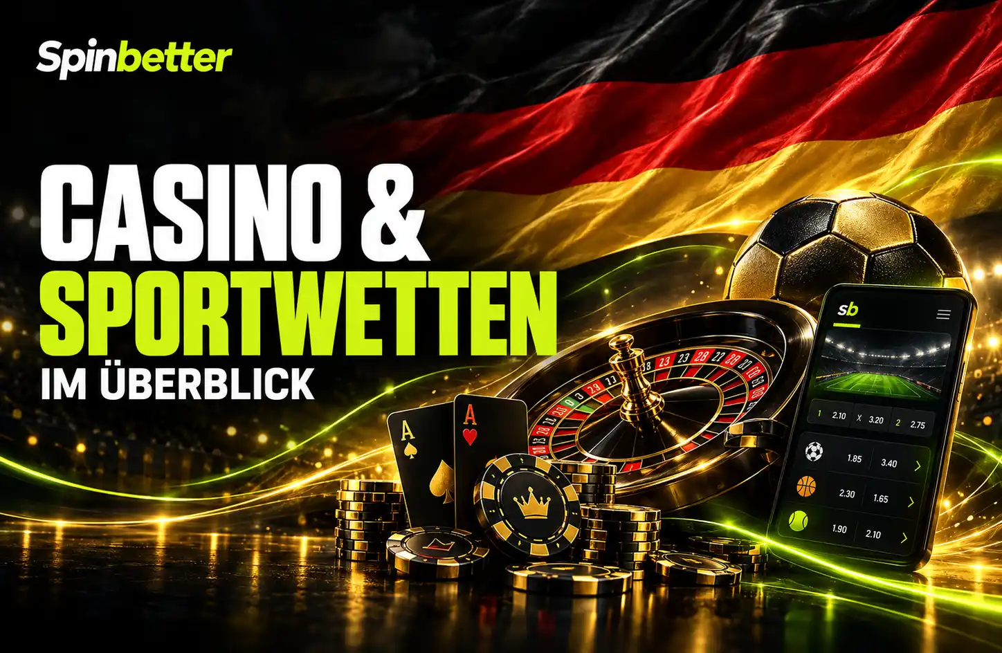 SpinBetter Casino und Sportwetten mit Roulette, Casino-Chips und goldenen Lichteffekten